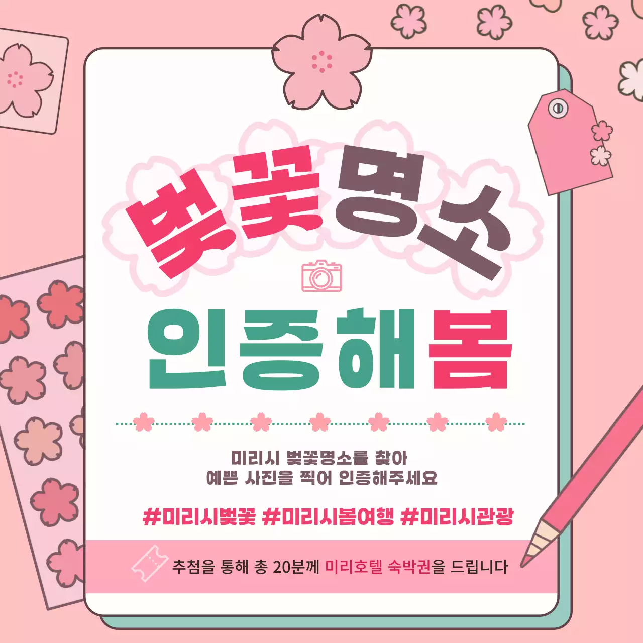 핑크색의 심플한 그림체의 벚꽃 다꾸 테마의 벚꽃명소 사진인증 프로모션