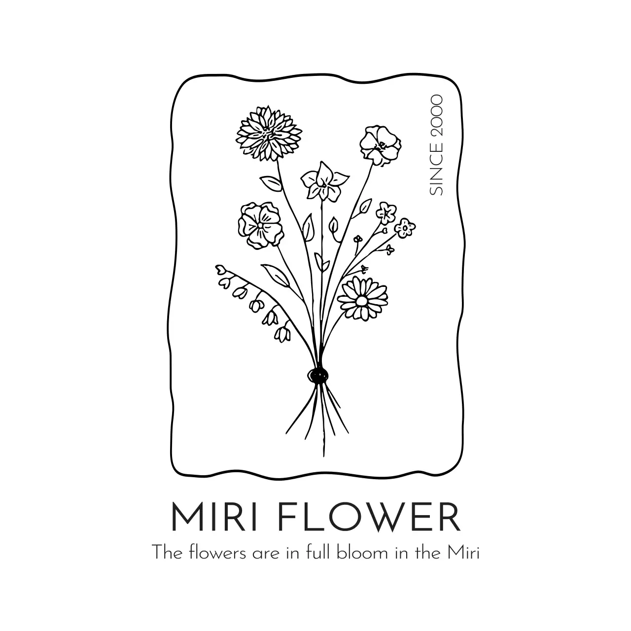 可愛らしい花束のラインドローイングとすっきりとしたシンプルな英文フォントの花屋のロゴデザイン。