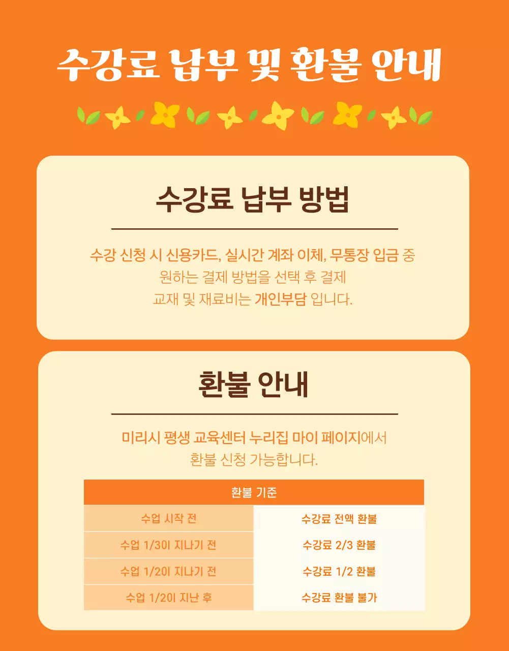 주황과 노랑의 아기자기한 평생 학습관 프로그램 설명