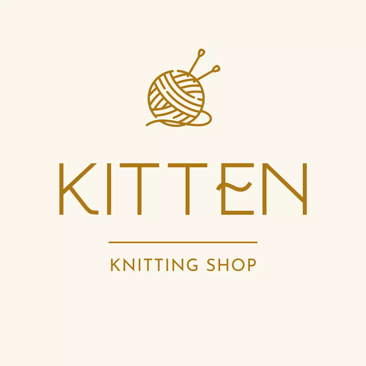 金色のかわいい毛糸のラインドローイングとかわいいフォントの工房の英文ロゴ。