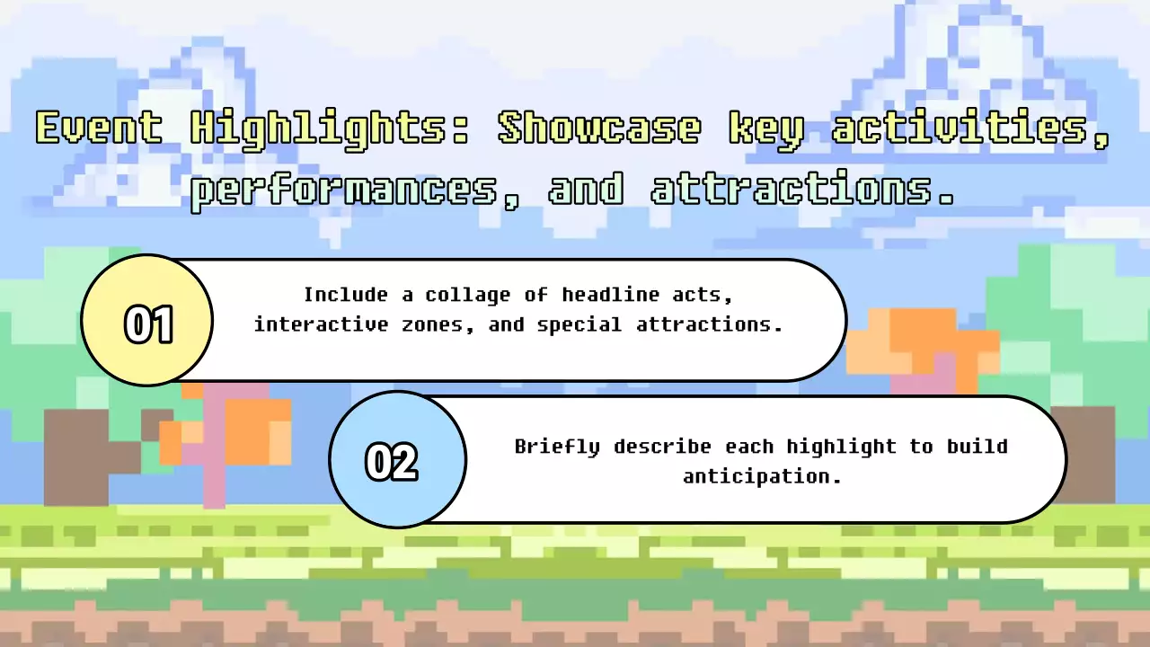 90년대 축제를 위한 아이디어가 담긴 다채로운 픽셀 아트 프레젠테이션