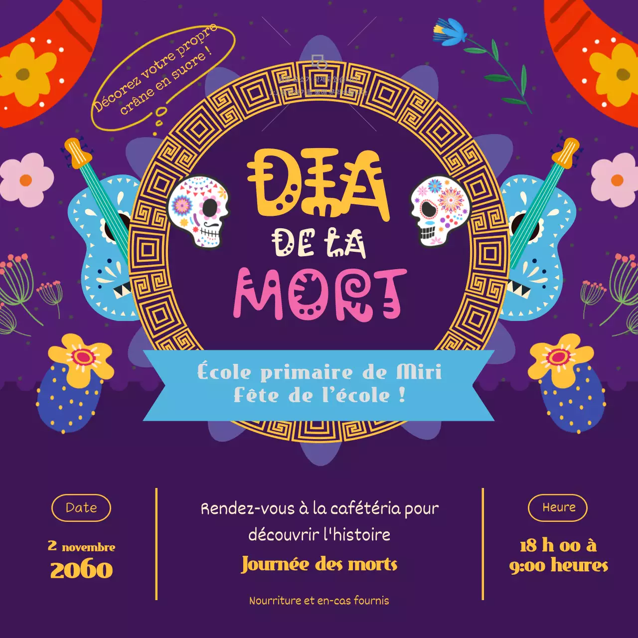 Publicité kitsch pour le Dia de los Muertos (violet et doré)