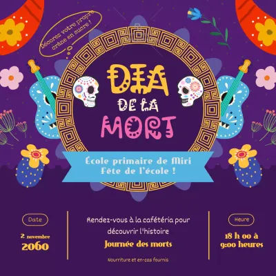Publicité kitsch pour le Dia de los Muertos (violet et doré)