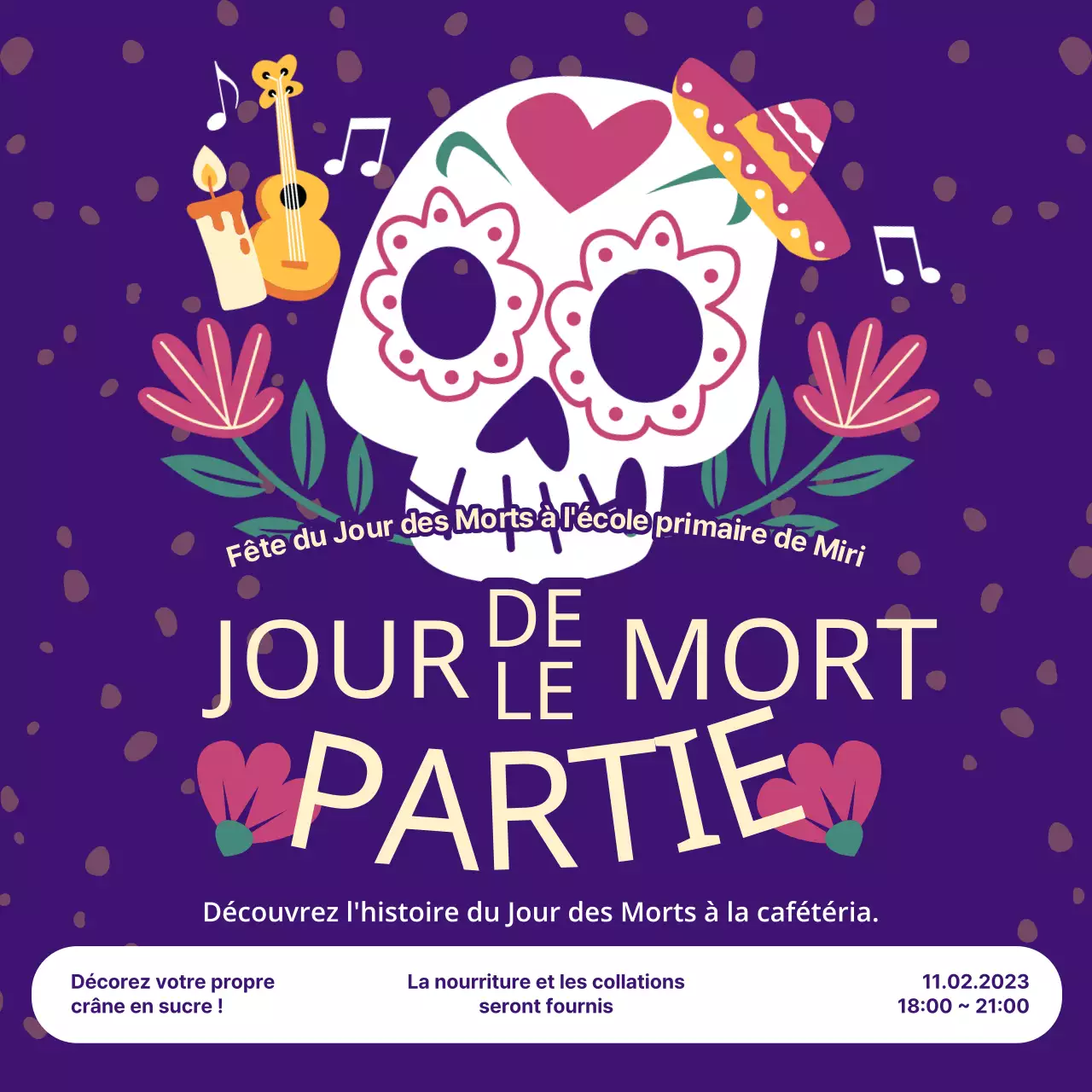 Invitation à la fête du Jour des Morts pourpre et jaune