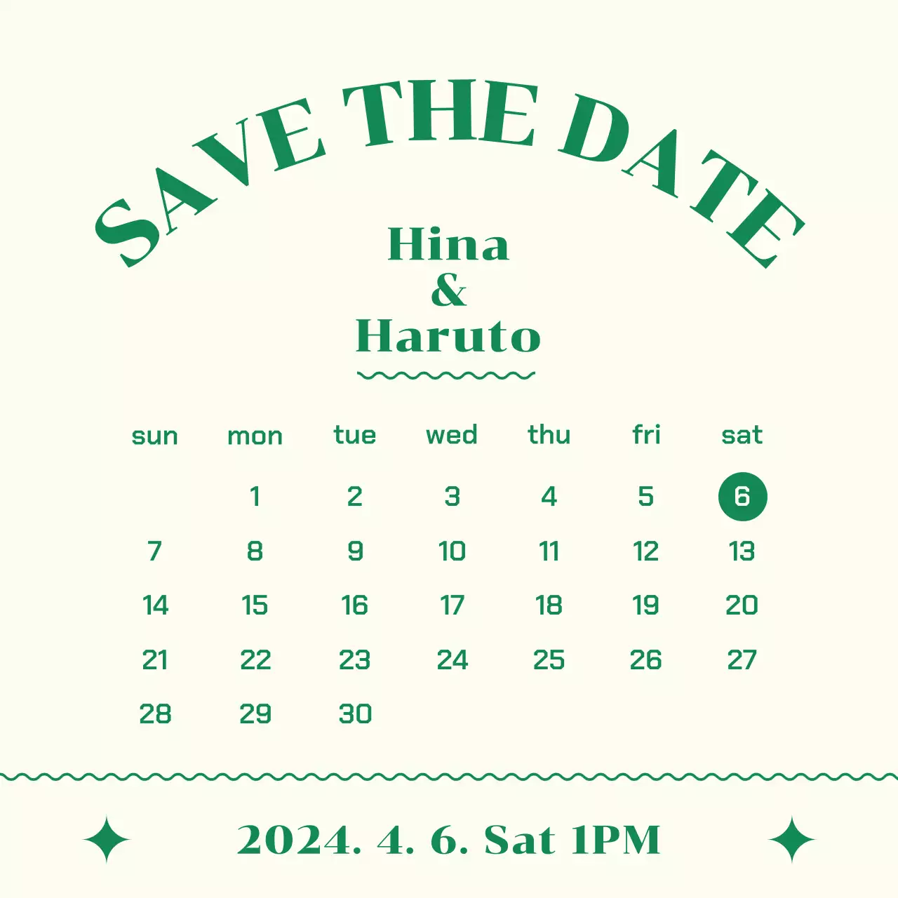 緑色の清楚で大胆なコンセプトのシンプルなウェディングカレンダー。