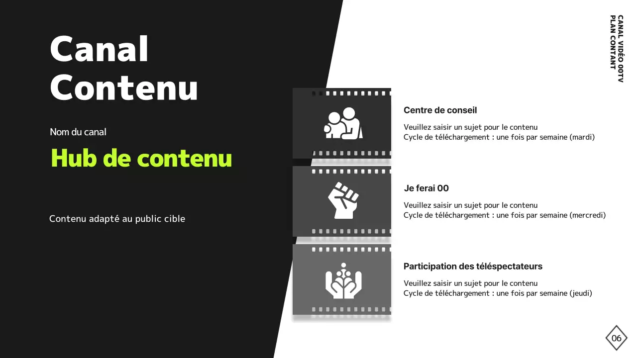 Plan de contenu d'une chaîne vidéo simple en noir et blanc