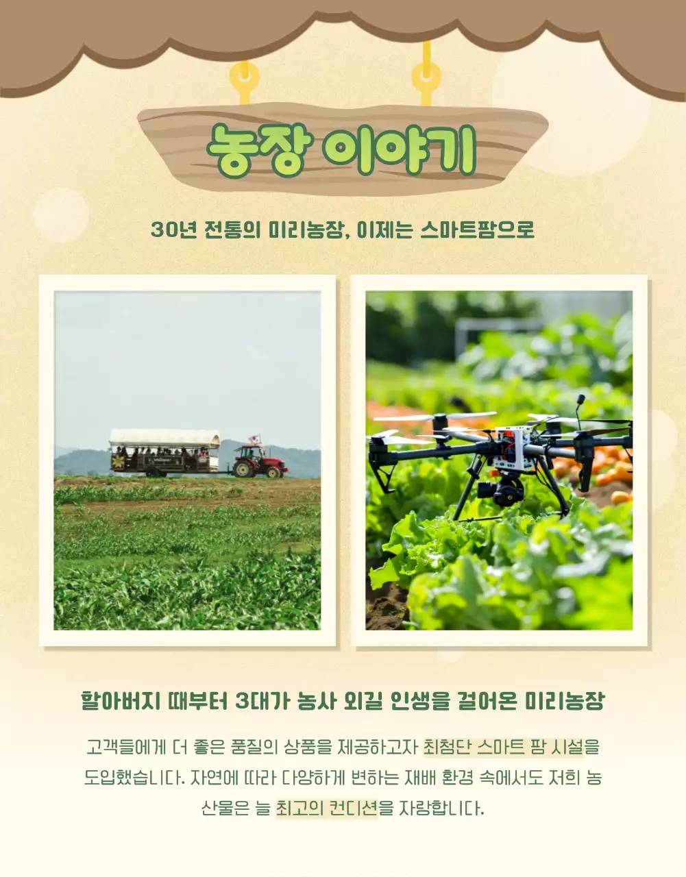 노랑과 초록색의 아기자기한 농산물 판매 광고