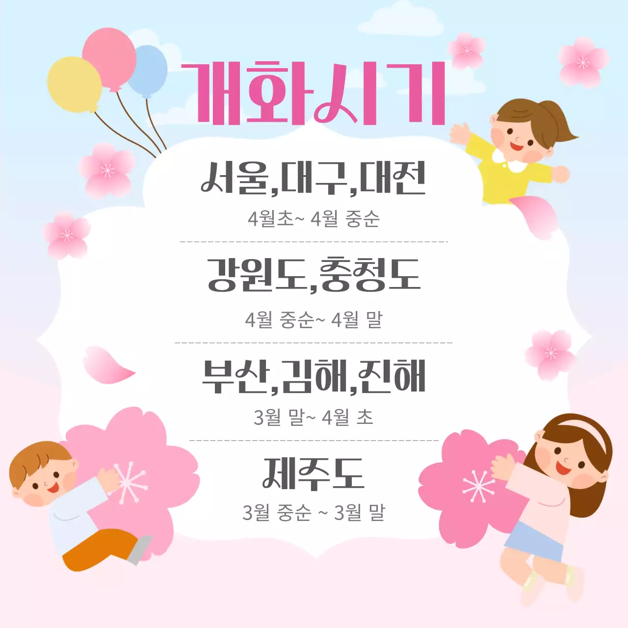 분홍과 일러스트 컨셉의 2024 벚꽃 개화시기와 벚꽃축제 명소 홍보