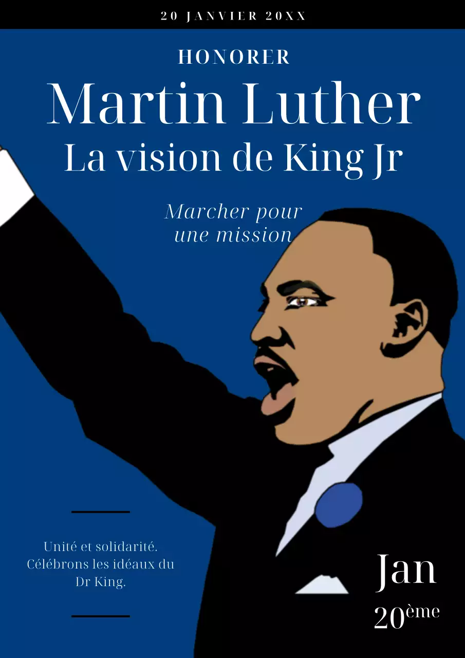 Publicité minimale bleue et noire pour la journée Martin Luther King