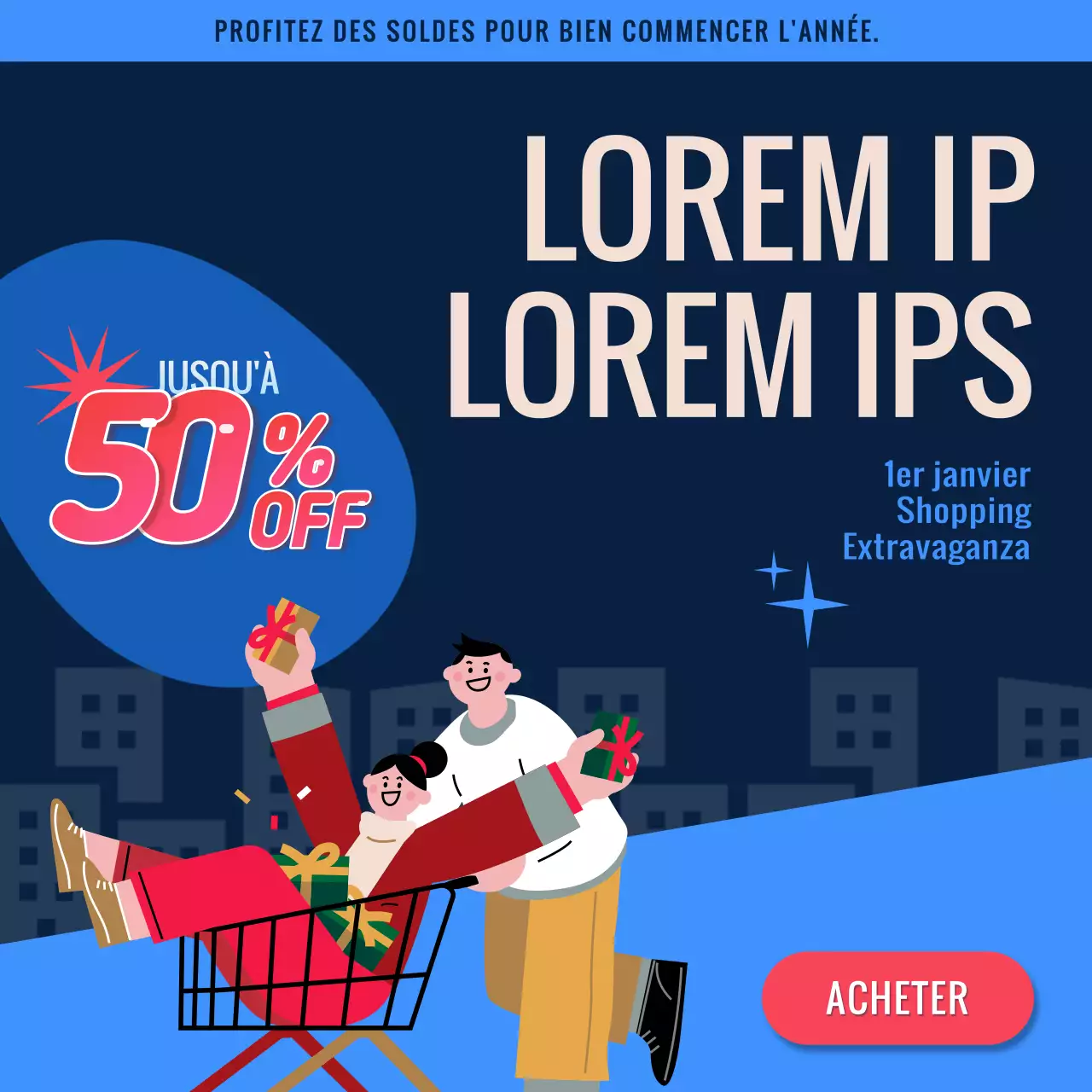 Publicité pour les fêtes de fin d'année en rouge et bleu marine