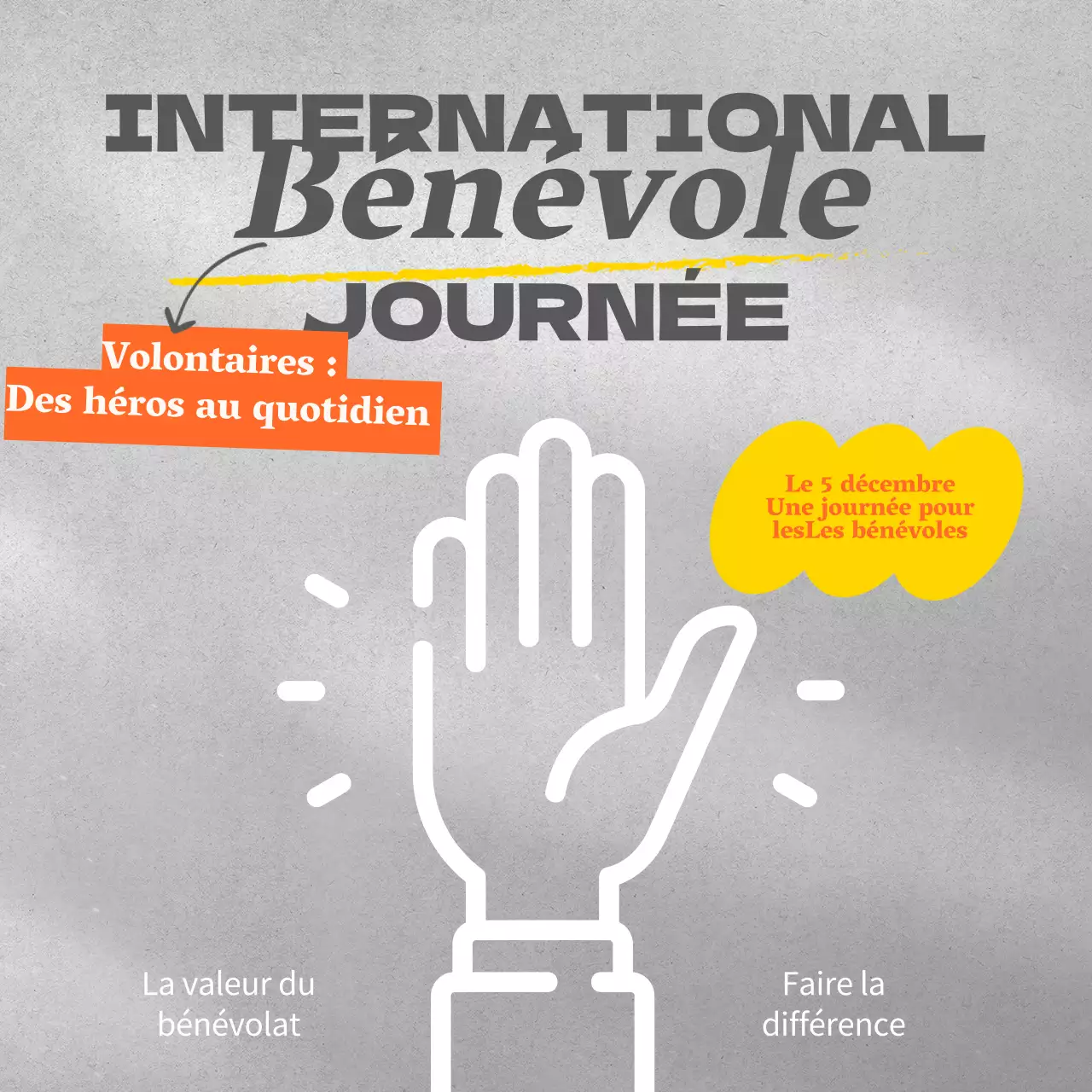 Publicité moderne grise et jaune pour la Journée internationale des volontaires