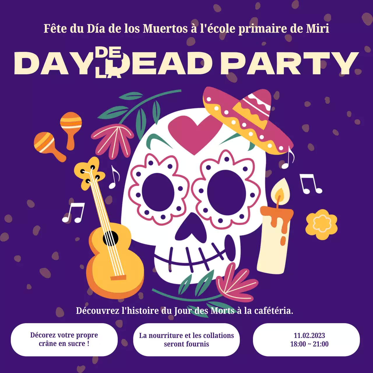 Invitation à la fête des morts pourpre et jaune