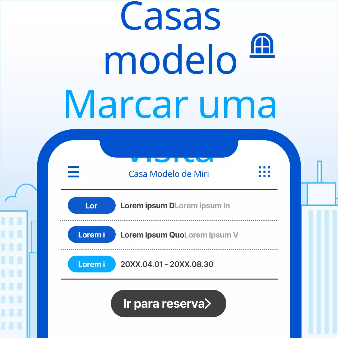 Promover marcações para visitar a casa modelo azul e simples