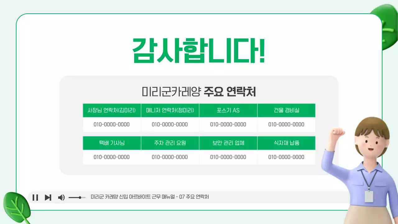 흰색과 초록색의 아기자기한 아르바이트 근무 매뉴얼 안내서
