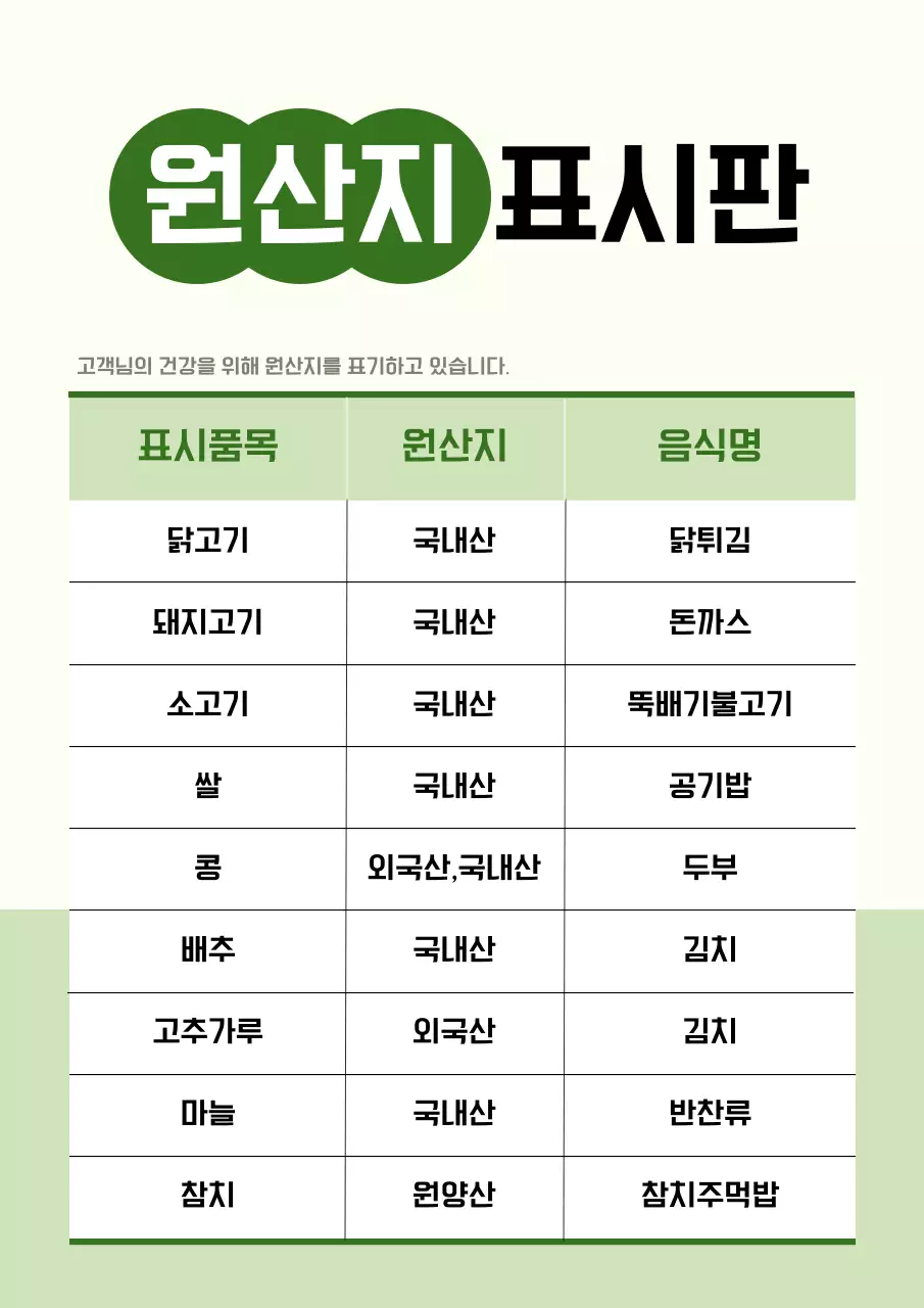 연두색과 흰색의 심플한 원산지 표시 정보