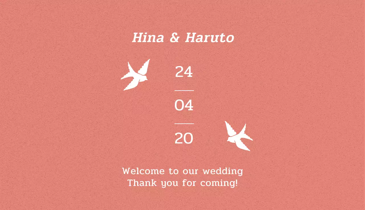 アプリコット色の背景に鳥のイラストが描かれたシンプルなレイアウトのすっきりとした結婚式のメッセージカード。