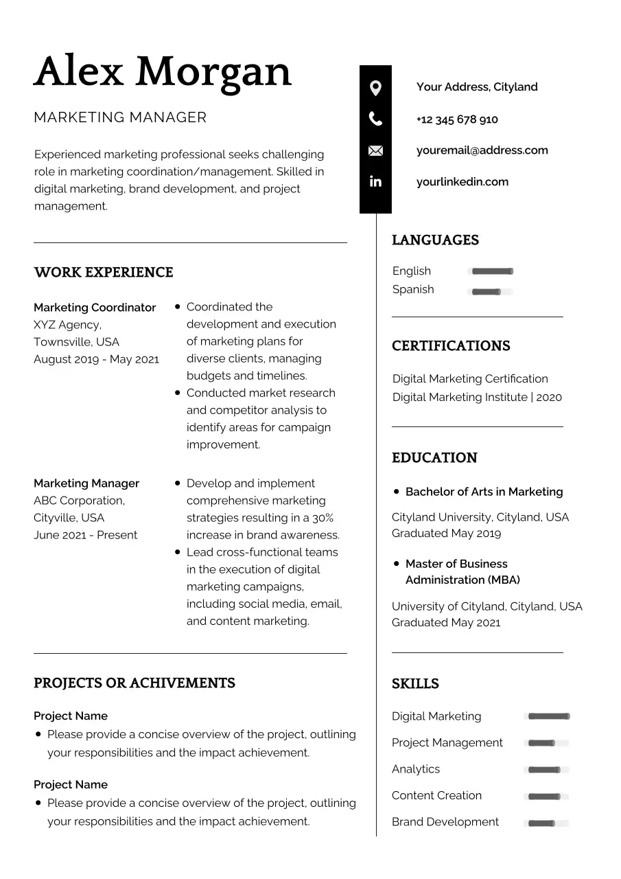 White Simple Marketing Manager Resume