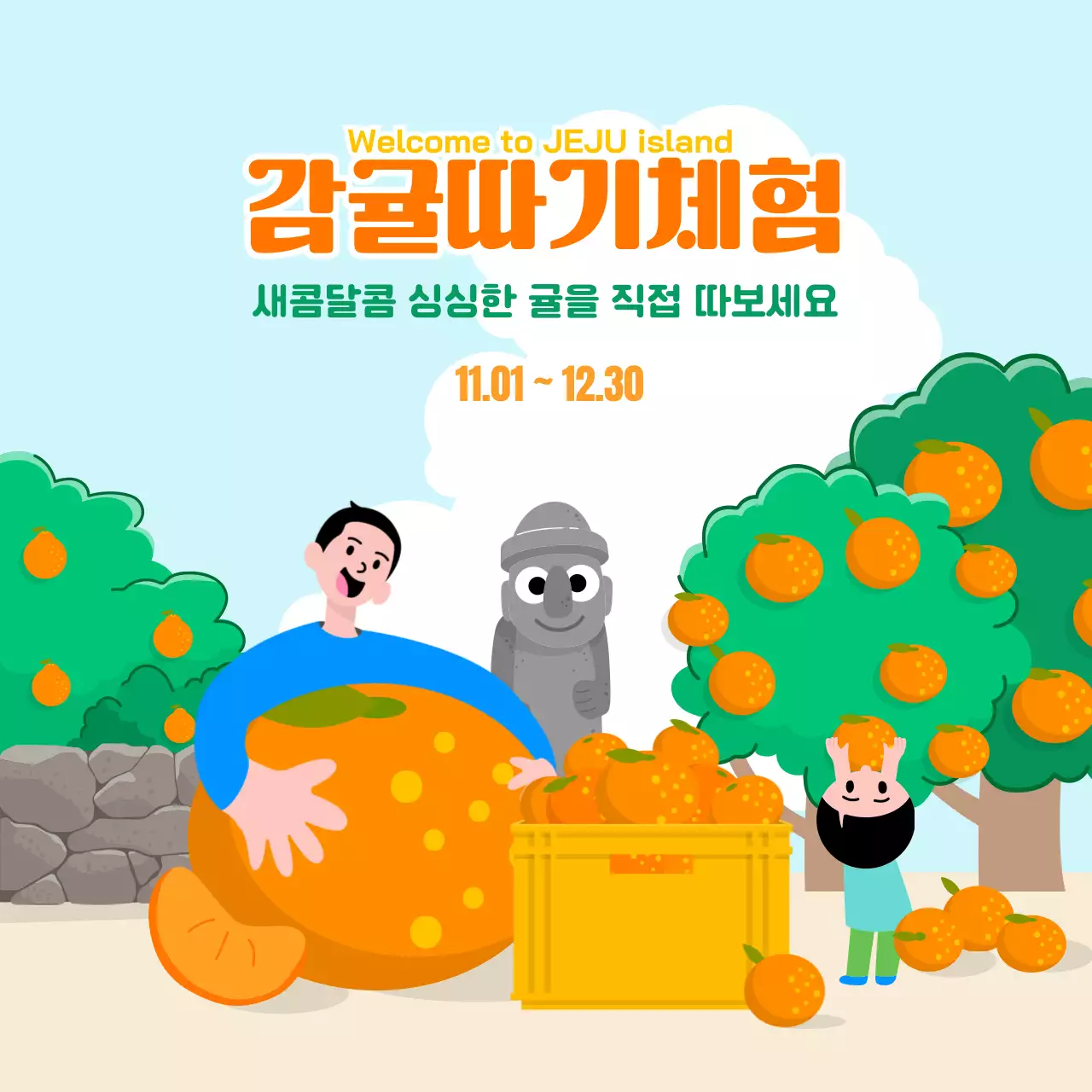 주황색의 일러스트 컨셉의 감귤따기체험 홍보