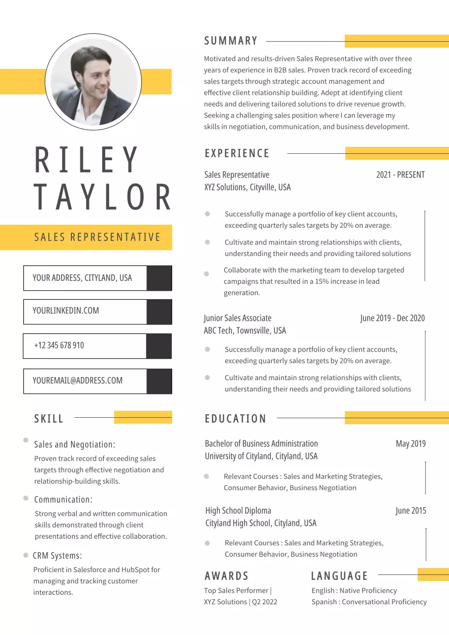 Yellow Simple Sales Representative CV Resume