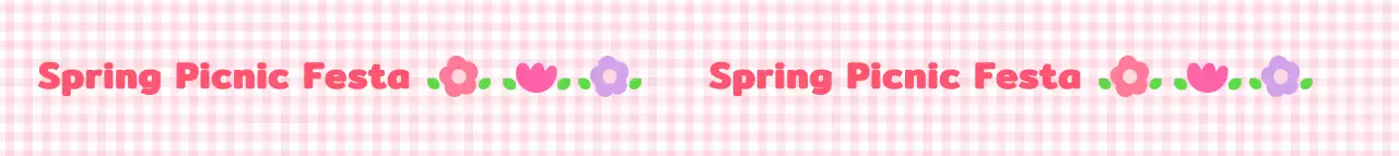 핑크색 체크무늬 패턴과 꽃 일러스트가 있는 귀여운 느낌의 봄 피크닉 페스티벌