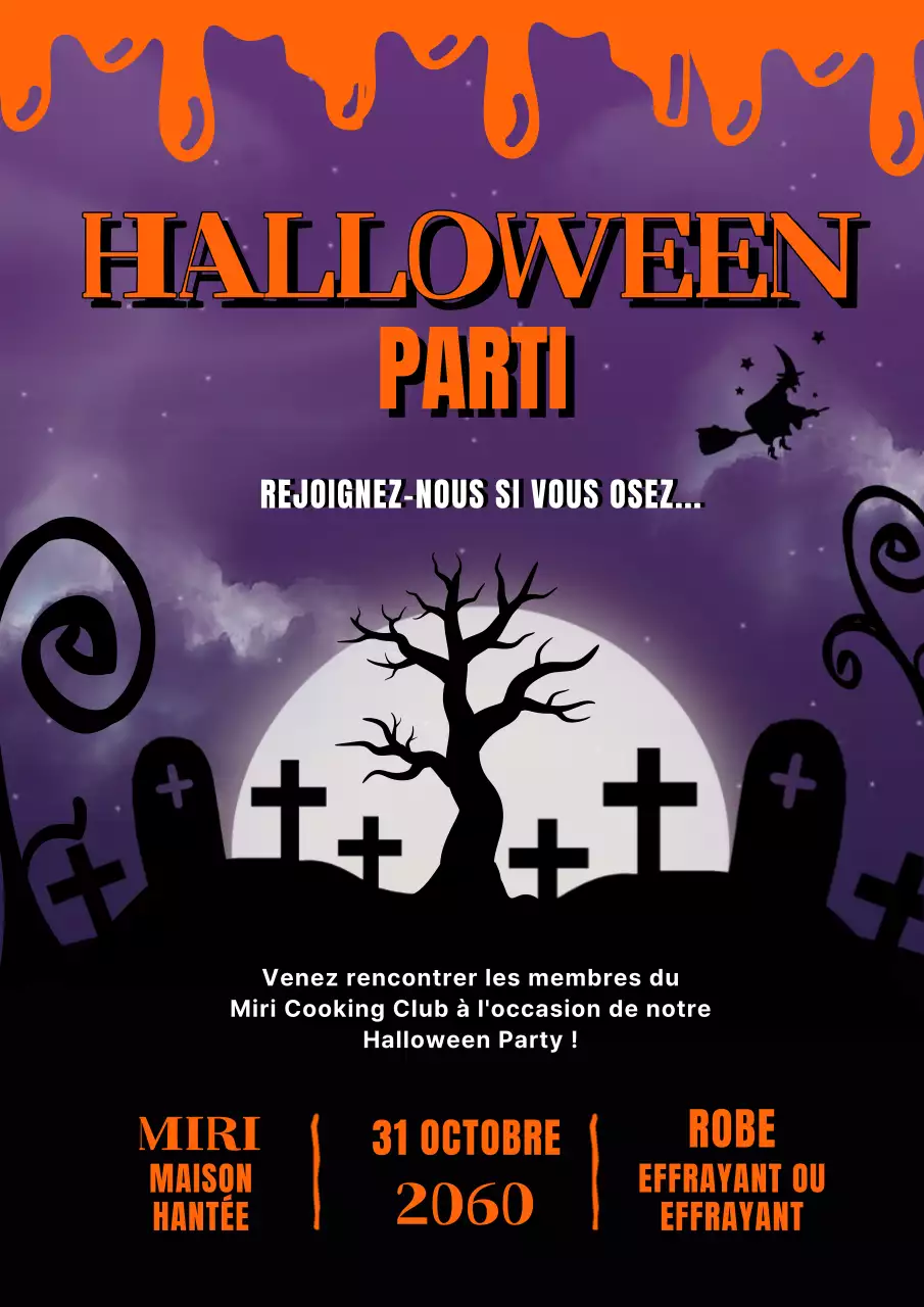Invitation à la fête d'Halloween pourpre et orange