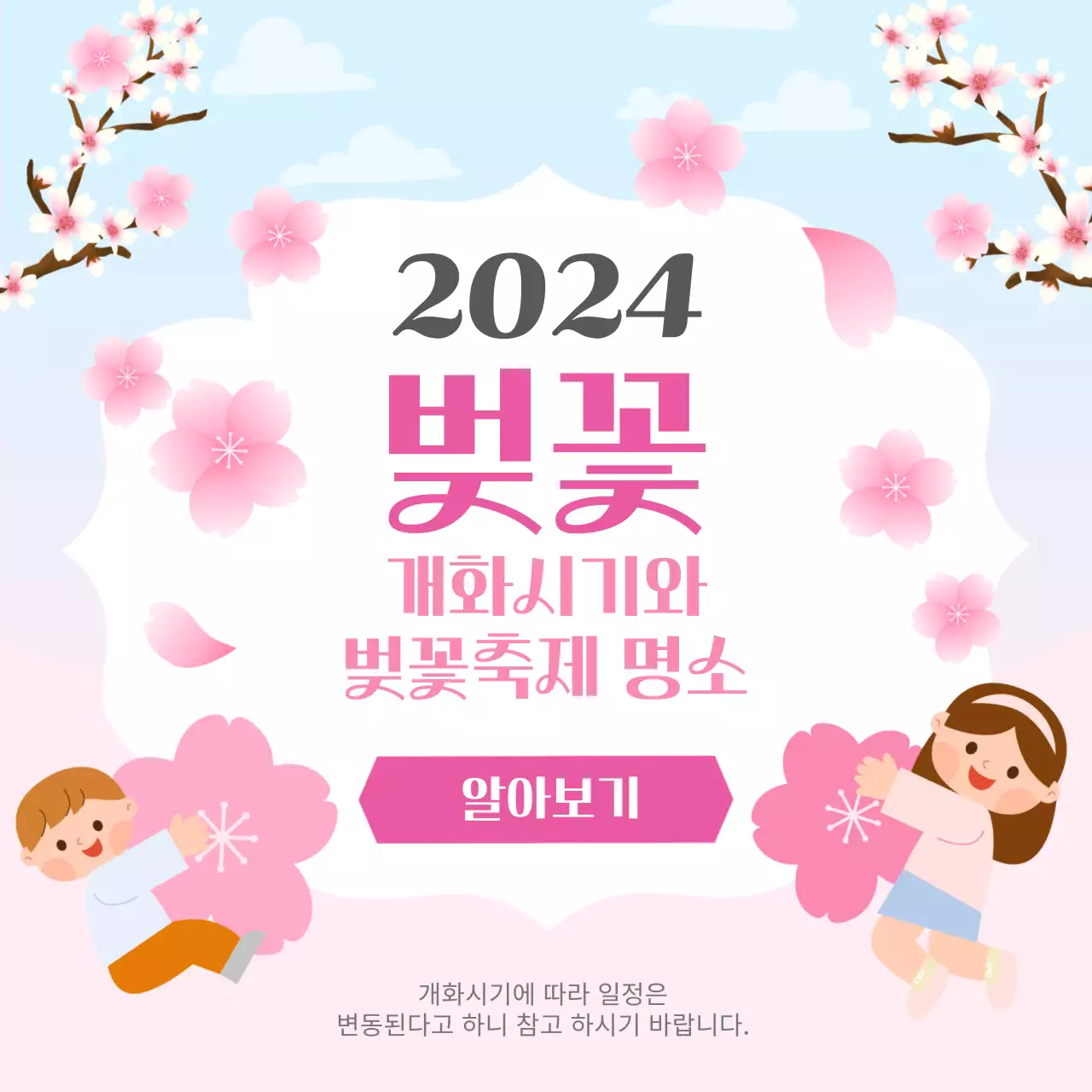 분홍과 일러스트 컨셉의 2024 벚꽃 개화시기와 벚꽃축제 명소 홍보