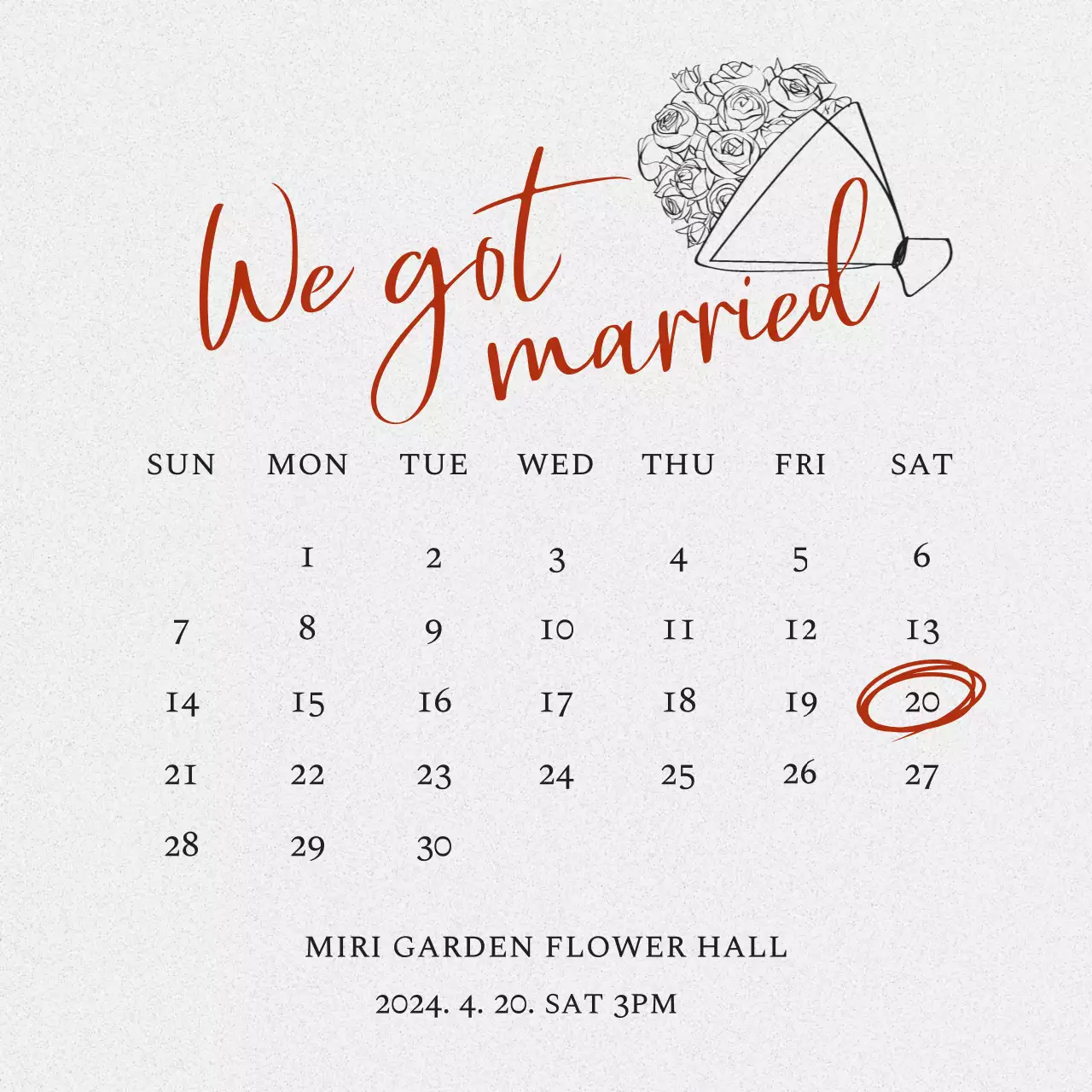 レッドポイントのカリグラフィーとラインドローイングが施された高級感のあるウェディングカレンダー。