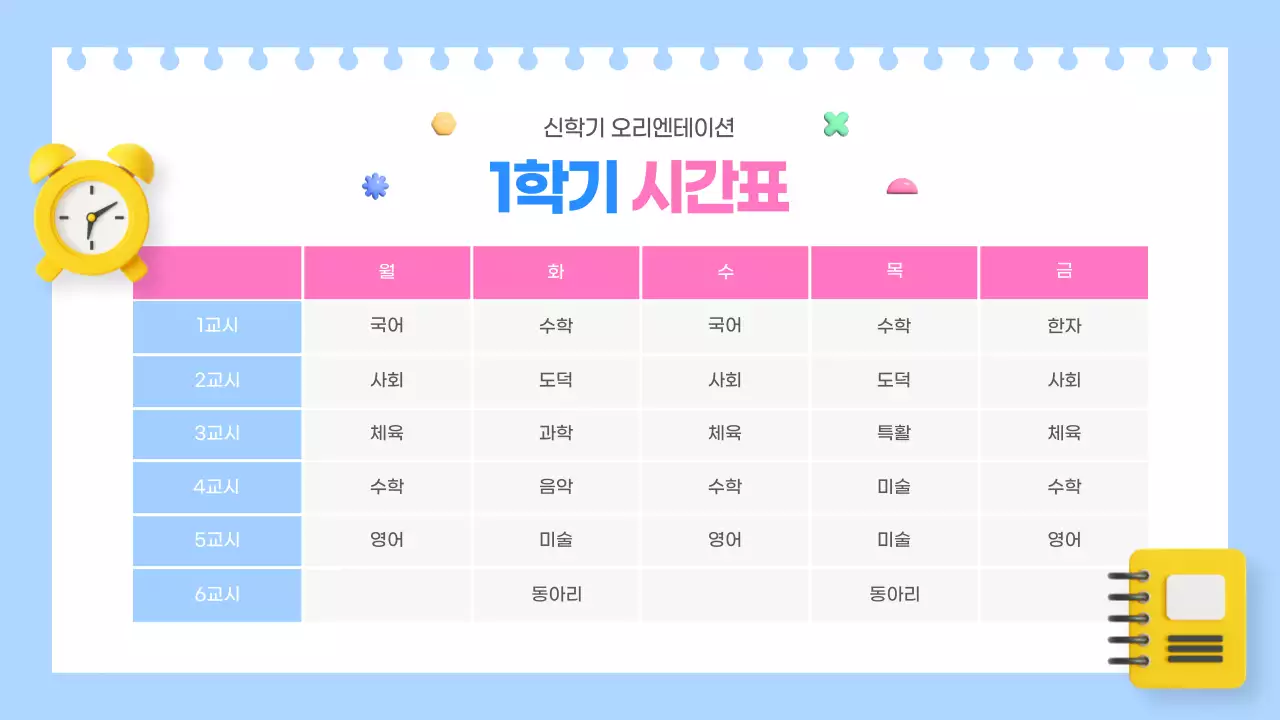 하늘색과 핑크색의 아기자기한 신학기 오리엔테이션 교육자료