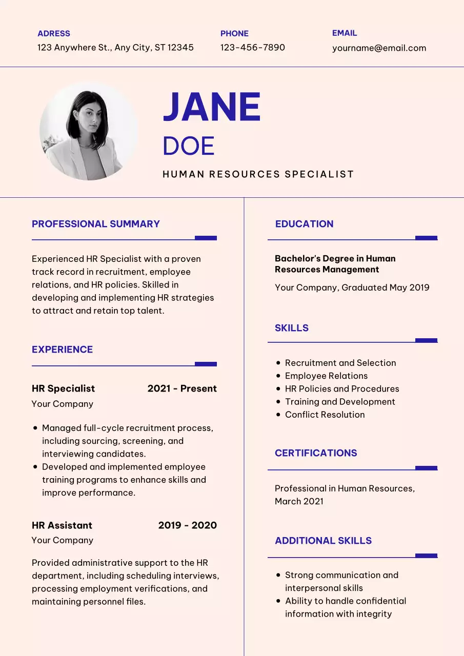 Cream Simple Human Resources Specialist Resume