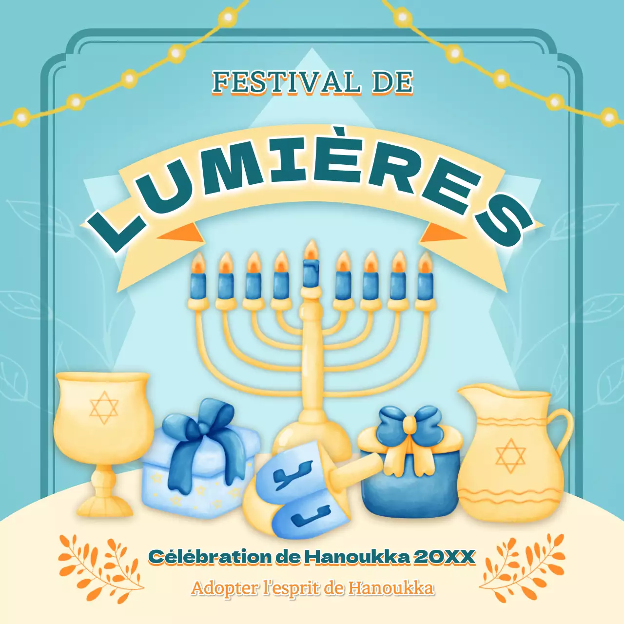 Publicité classique de célébration de Hanoukka bleu ciel et jaune