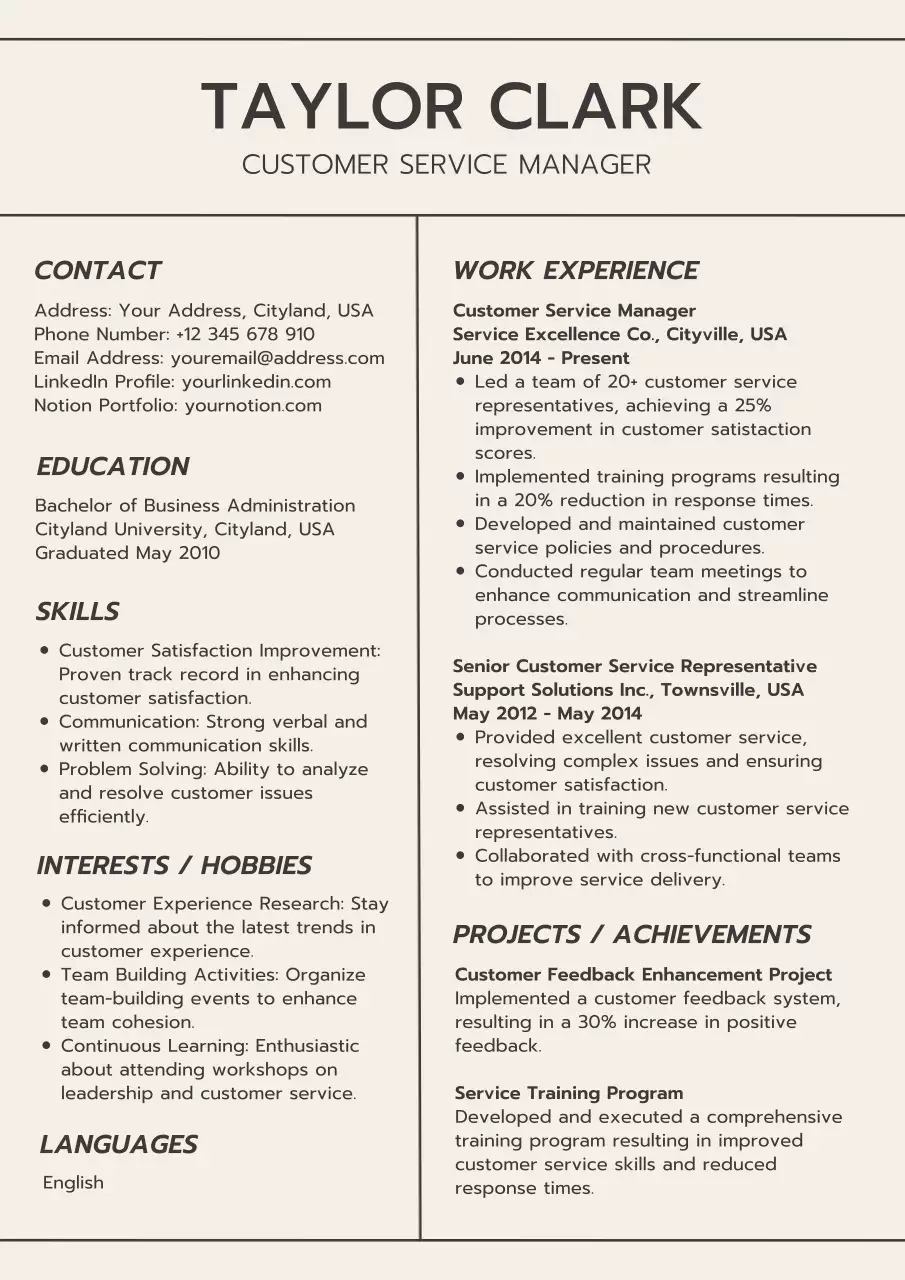 Beige and Grey Minimal Customer Service Manager Aesthetic Resume Introduction