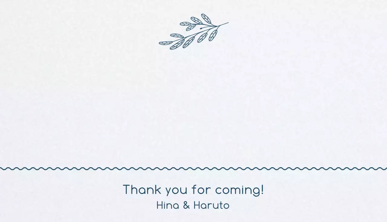 ライトグレーの背景にターコイズブルーのコントラストの葉っぱのイラストが描かれたすっきりとした結婚式のメッセージカード。