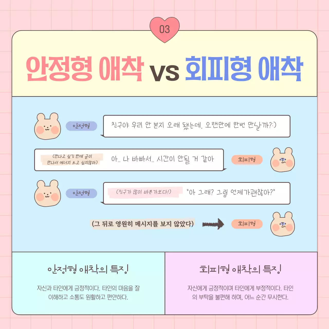 핑크와 하늘색의 아기자기한 성인애착유형 안내서