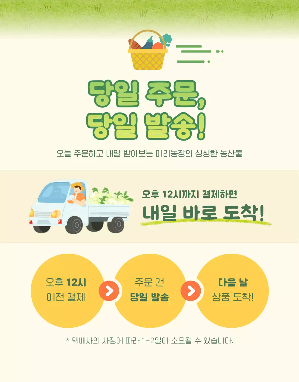 노랑과 초록색의 아기자기한 농산물 판매 광고