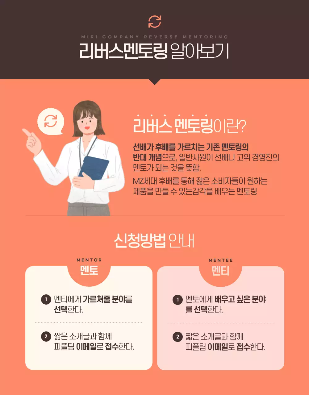 주황과 갈색의 트렌드한 사내 멘토 멘티 모집 공고