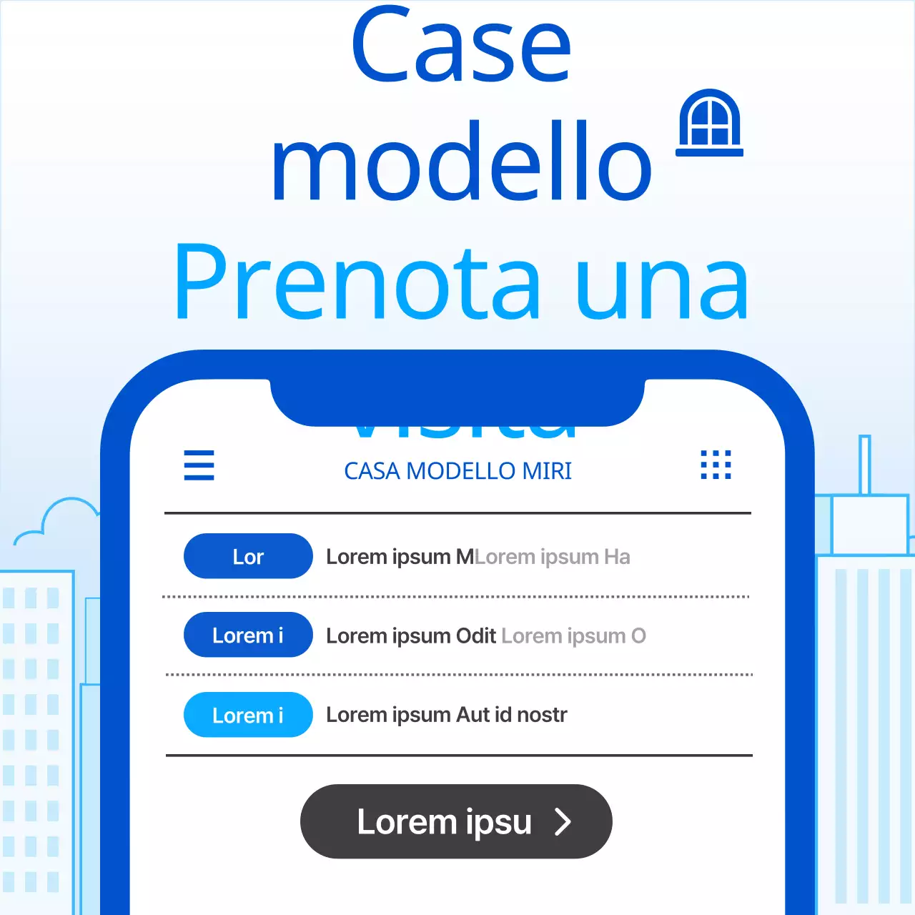 Promuovere appuntamenti per visitare la casa modello blu e semplice