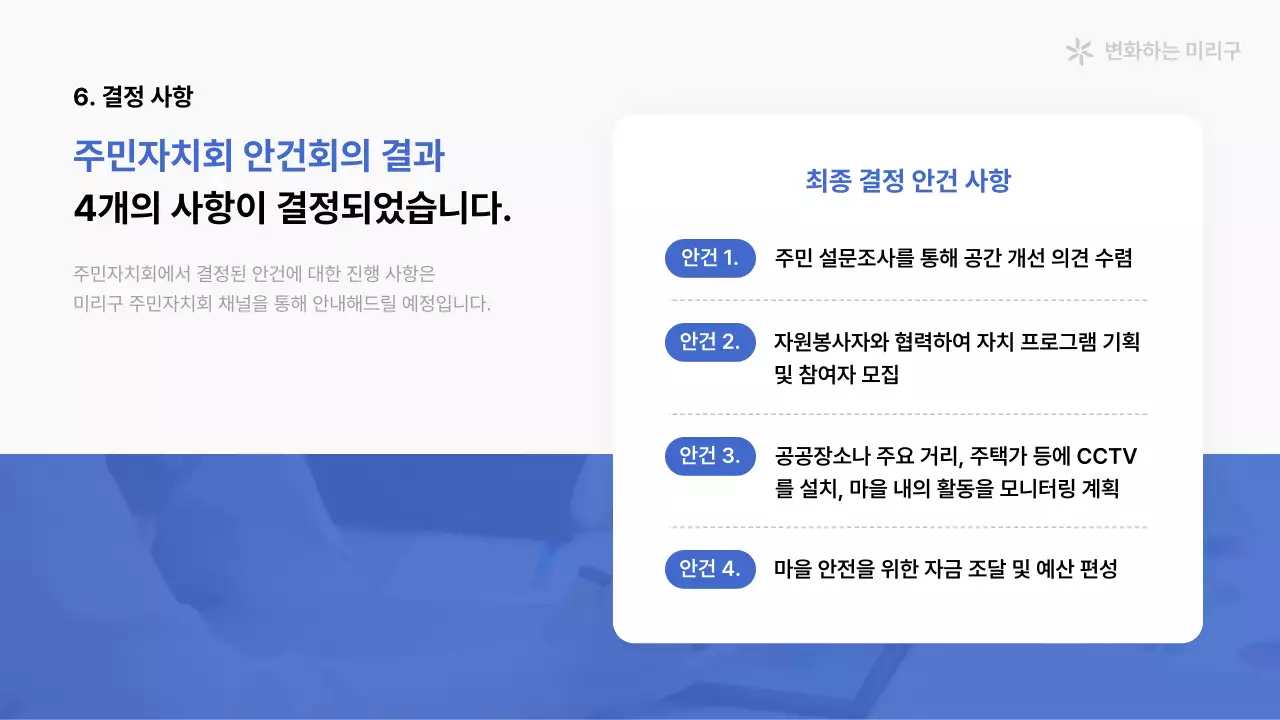 파랑과 흰색의 심플한 주민자치회 소개서