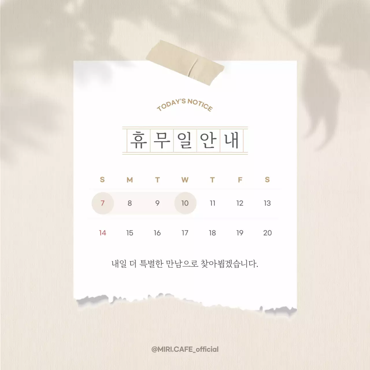 아이보리의 심플한 휴무일 안내 정보