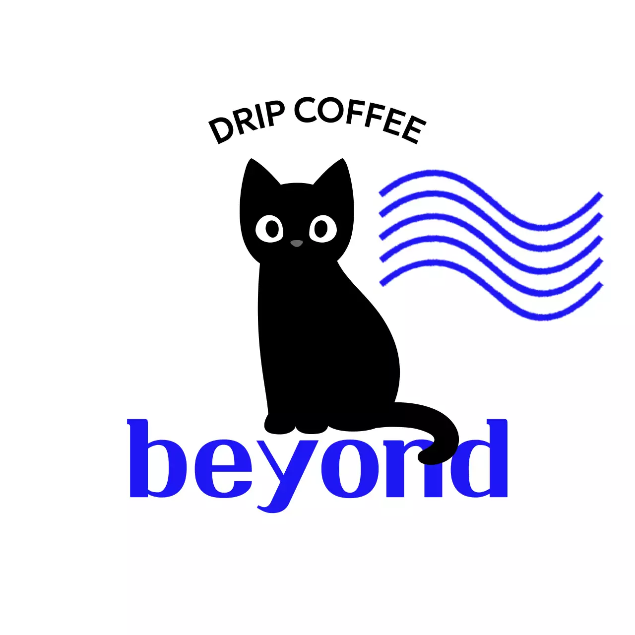 귀여운 고양이와 파란색 텍스트와 물결이 있는 카페 굿즈