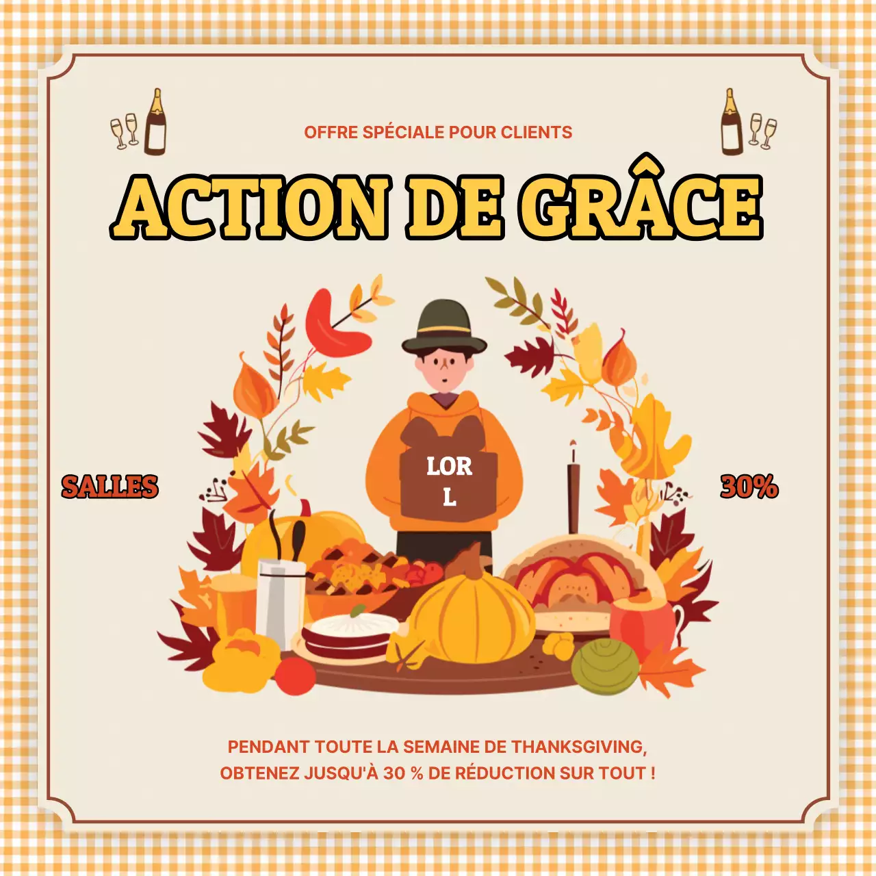 Publicité simple beige et jaune pour les ventes de Thanksgiving