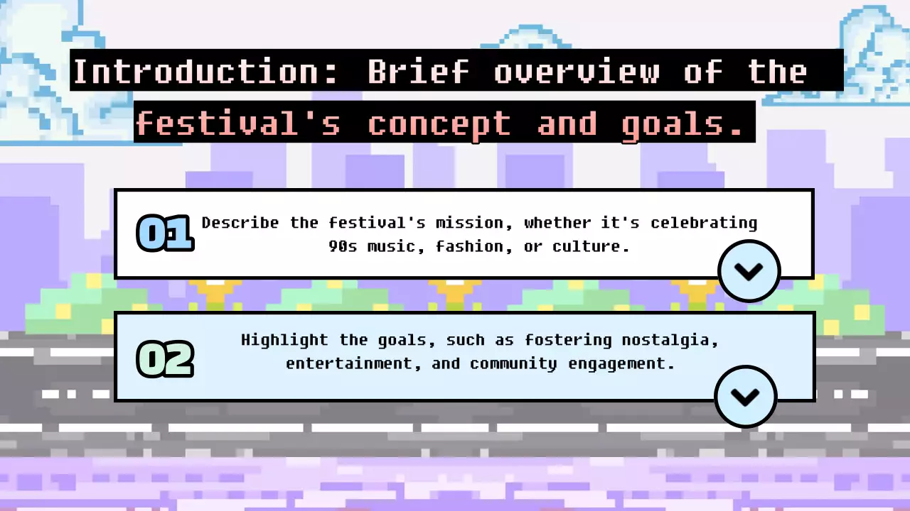 90년대 축제를 위한 아이디어가 담긴 다채로운 픽셀 아트 프레젠테이션