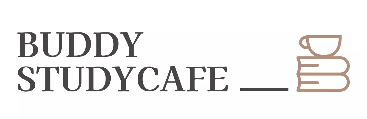 브라운 색상의 커피와 책 라인 일러스트가 있는 심플한 느낌의 스터디 카페