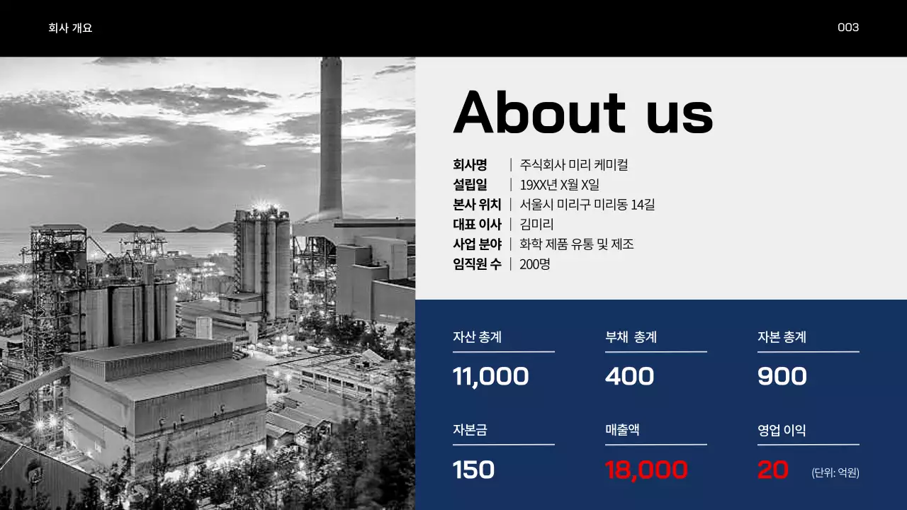 파랑과 검정의 심플한 석유 화학 제조 업체 회사 소개서