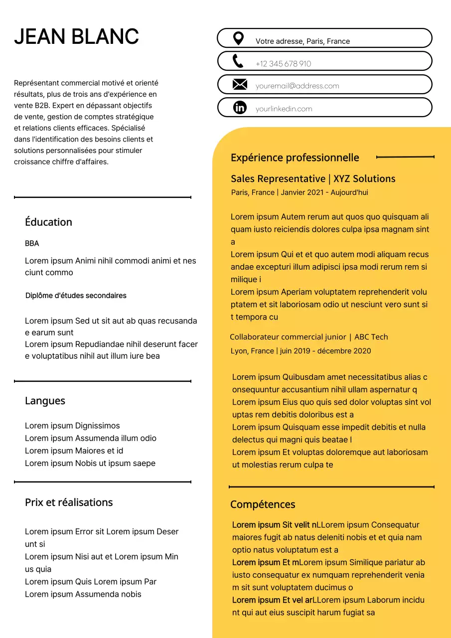 C.V. simple de représentant des ventes blanc et jaune