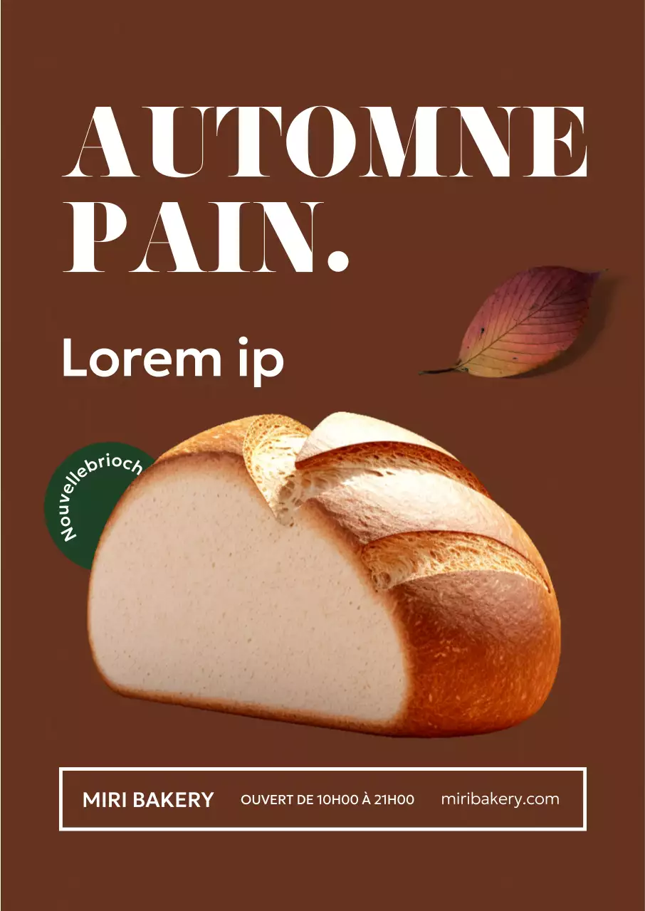 Promouvoir un menu de boulangerie automnal avec un photoréalisme de feuilles mortes sur un fond marron