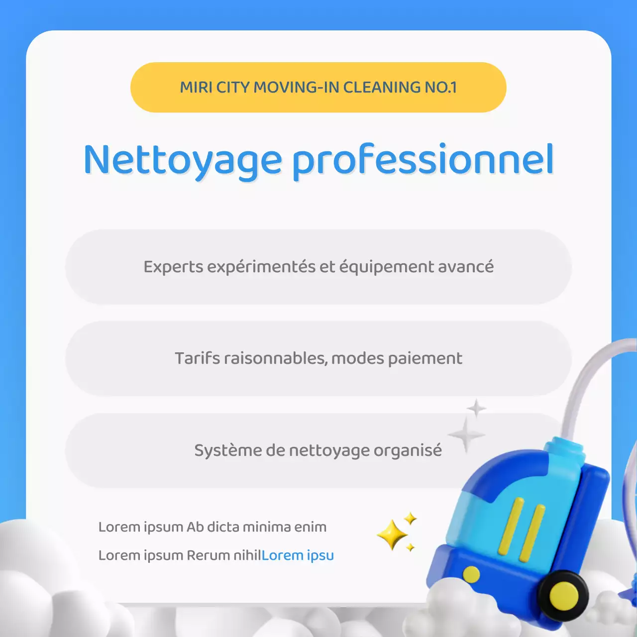 Promotion d'une simple agence de nettoyage bleue et jaune