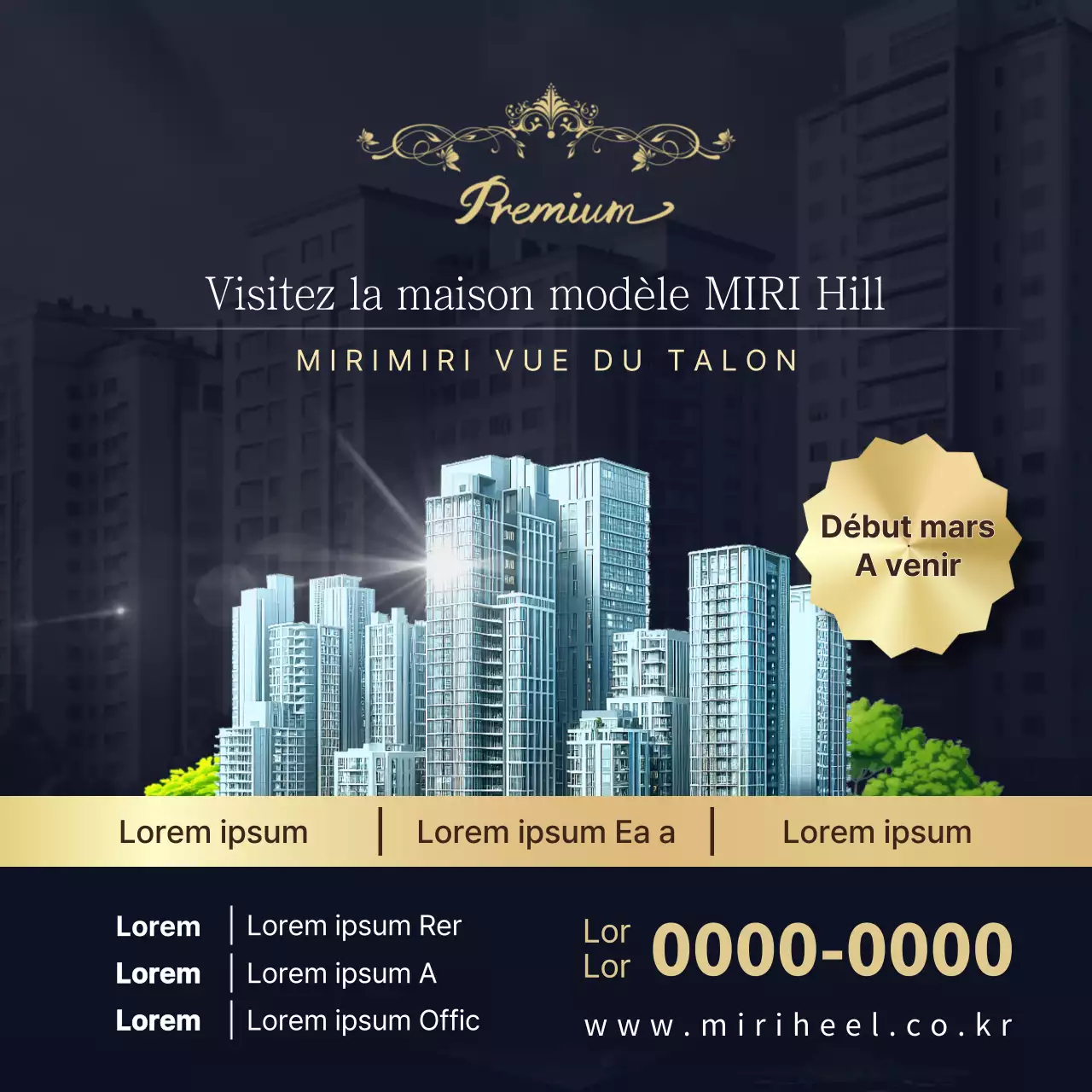 Promouvoir les rendez-vous pour la visite d'une maison modèle simple en bleu marine et or.