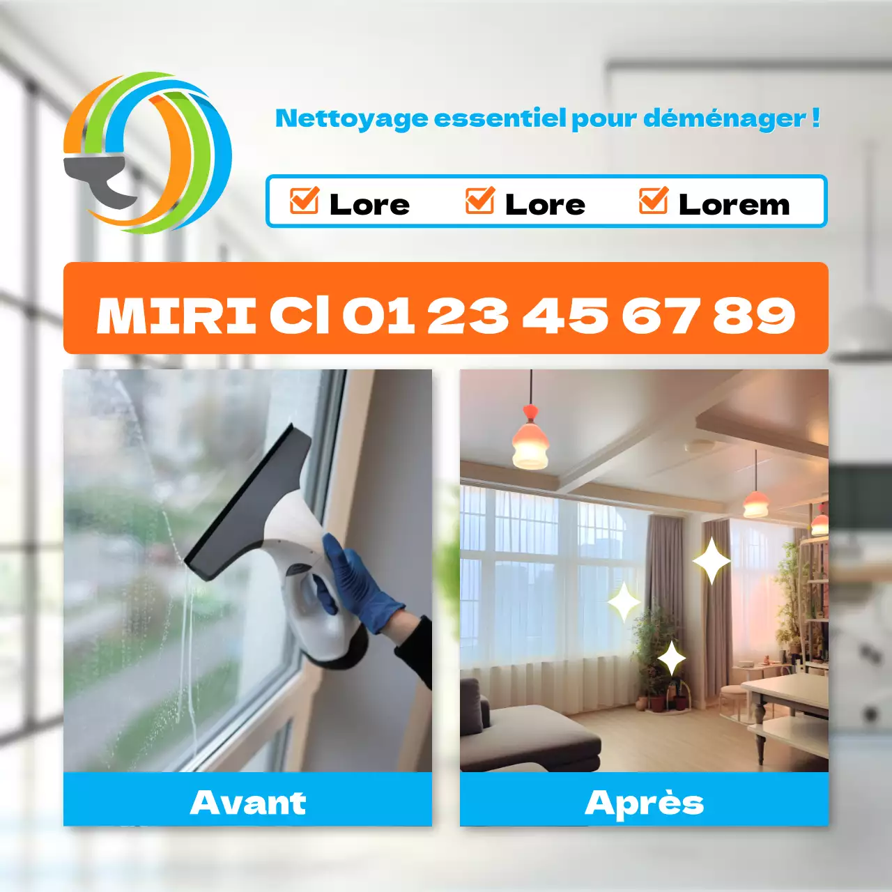 Publicité pour un service de nettoyage moderne en orange et bleu clair