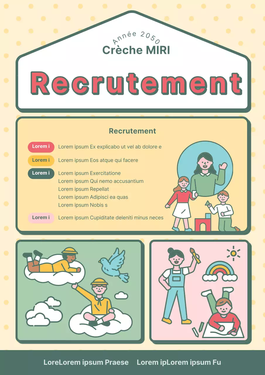 Une jolie publicité jaune et kaki pour le recrutement d'une école maternelle