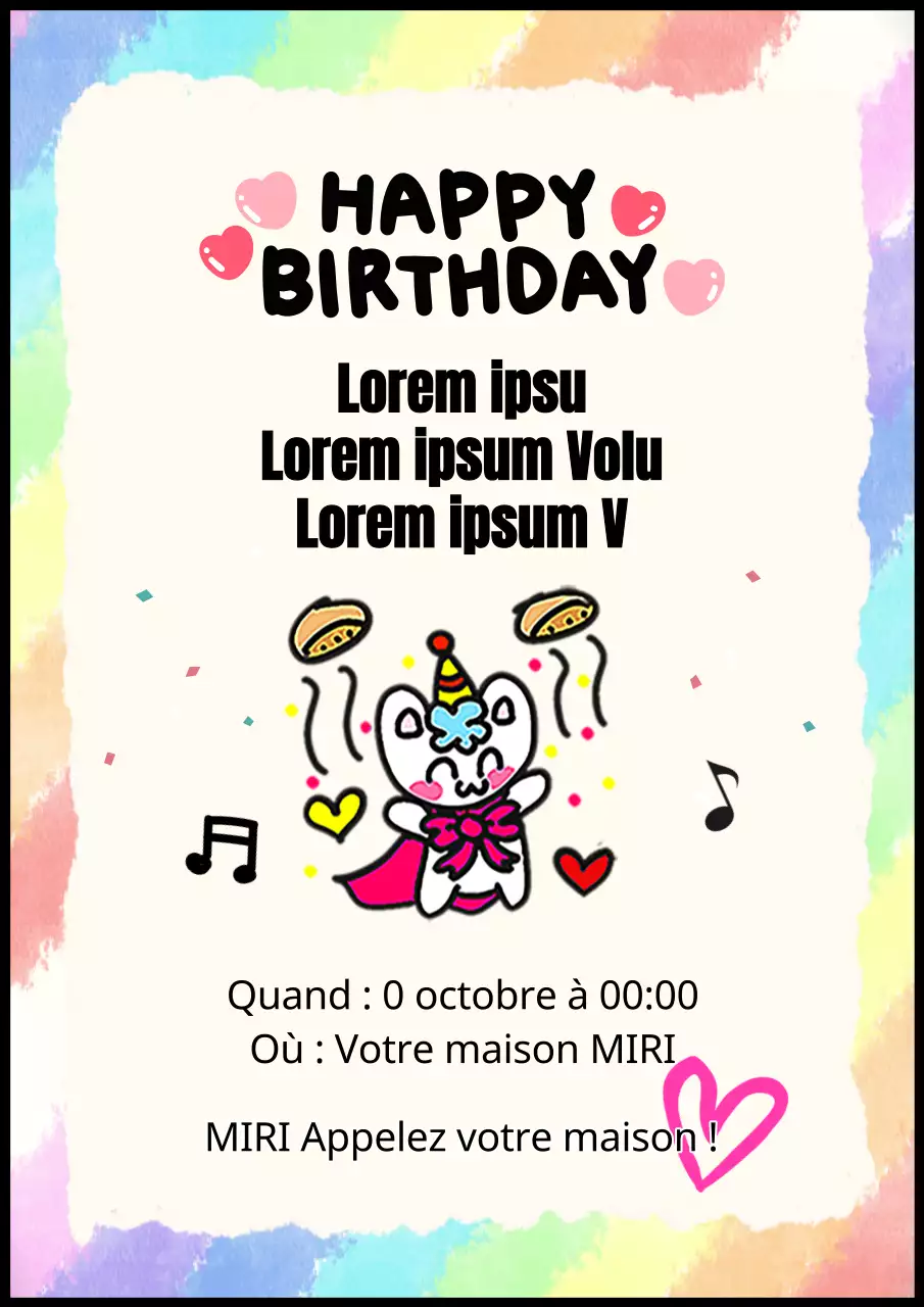 Invitations d'anniversaire mignonnes et colorées dans un arc-en-ciel de couleurs